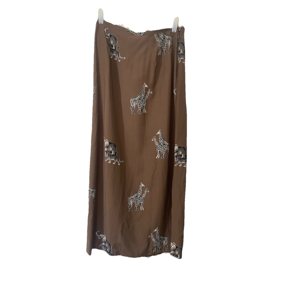 Vintage Maxi Pencil Skirt Brown Giraffe Elephant Safari Sz 12 Split‎ Sides Artsy